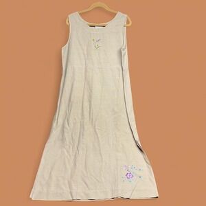 Vintage Erin London Maxi Dress L Beige Silk Linen Blend Embroidered Bee Floral